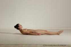 Nude Woman White Laying poses - ALL Athletic Laying poses - on back long brown Dynamic poses Pinup